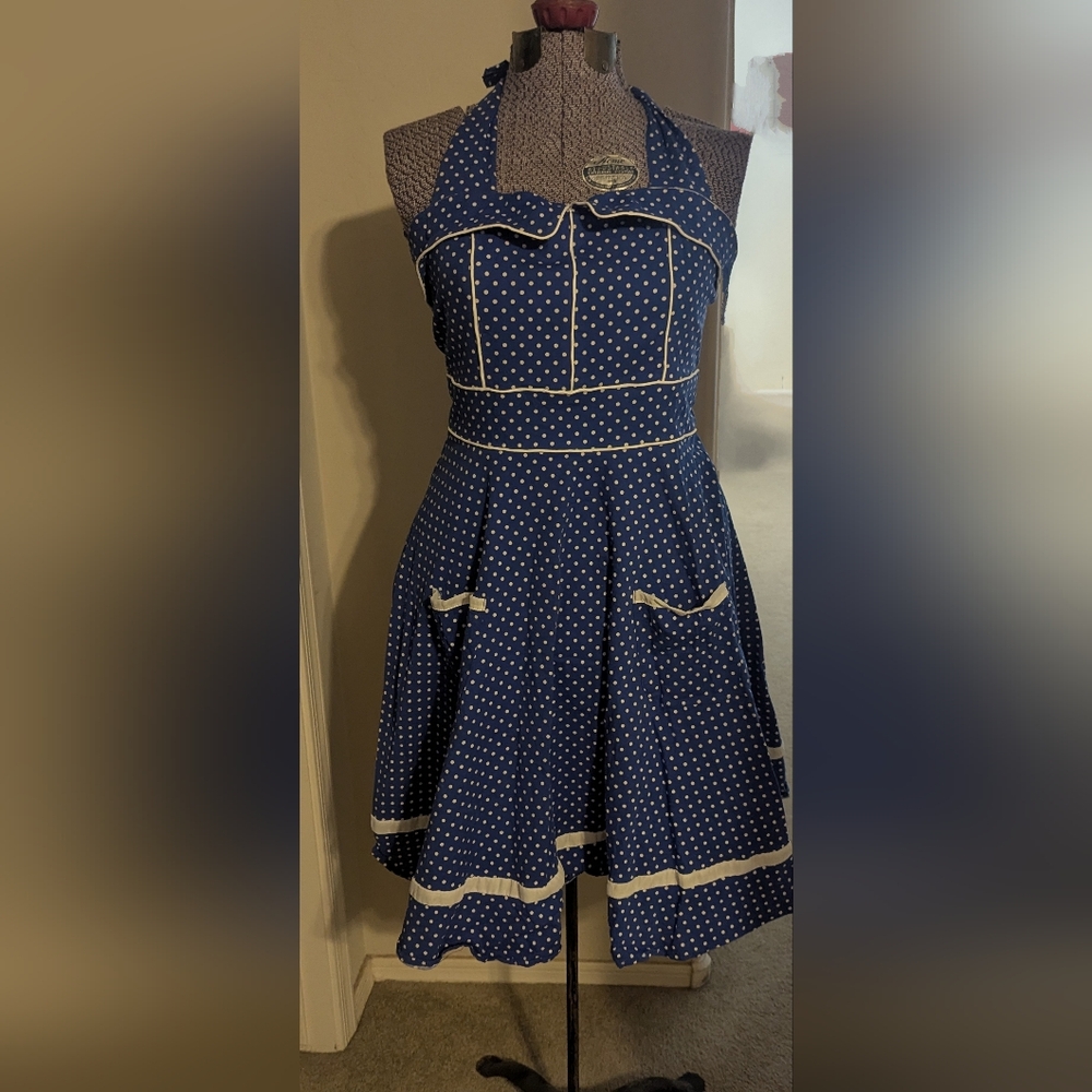 Blue & White Polka Dot 50's Style Halter Dress Size Medium